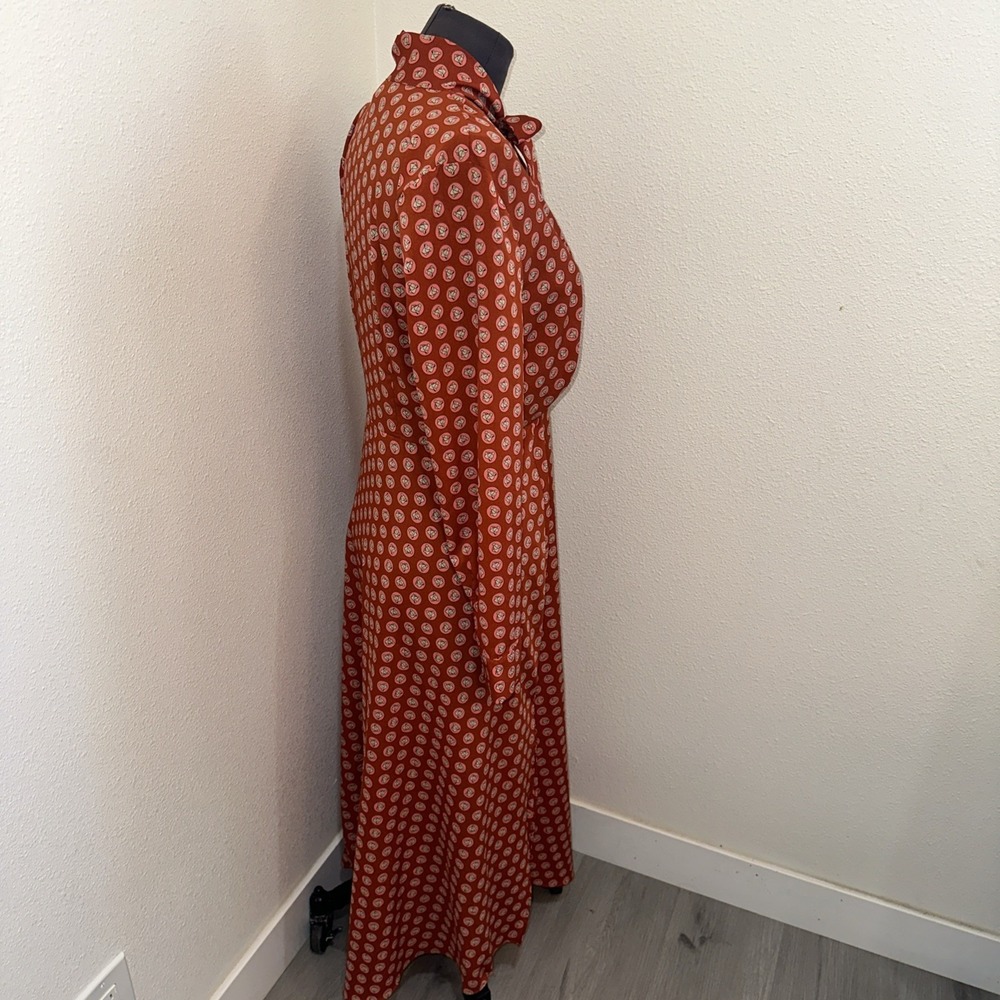 Topshop‎ Horse Coin Print Long Sleeve Midi Dress Orange Geometric Womens Sz 10 - Picture 6 of 9